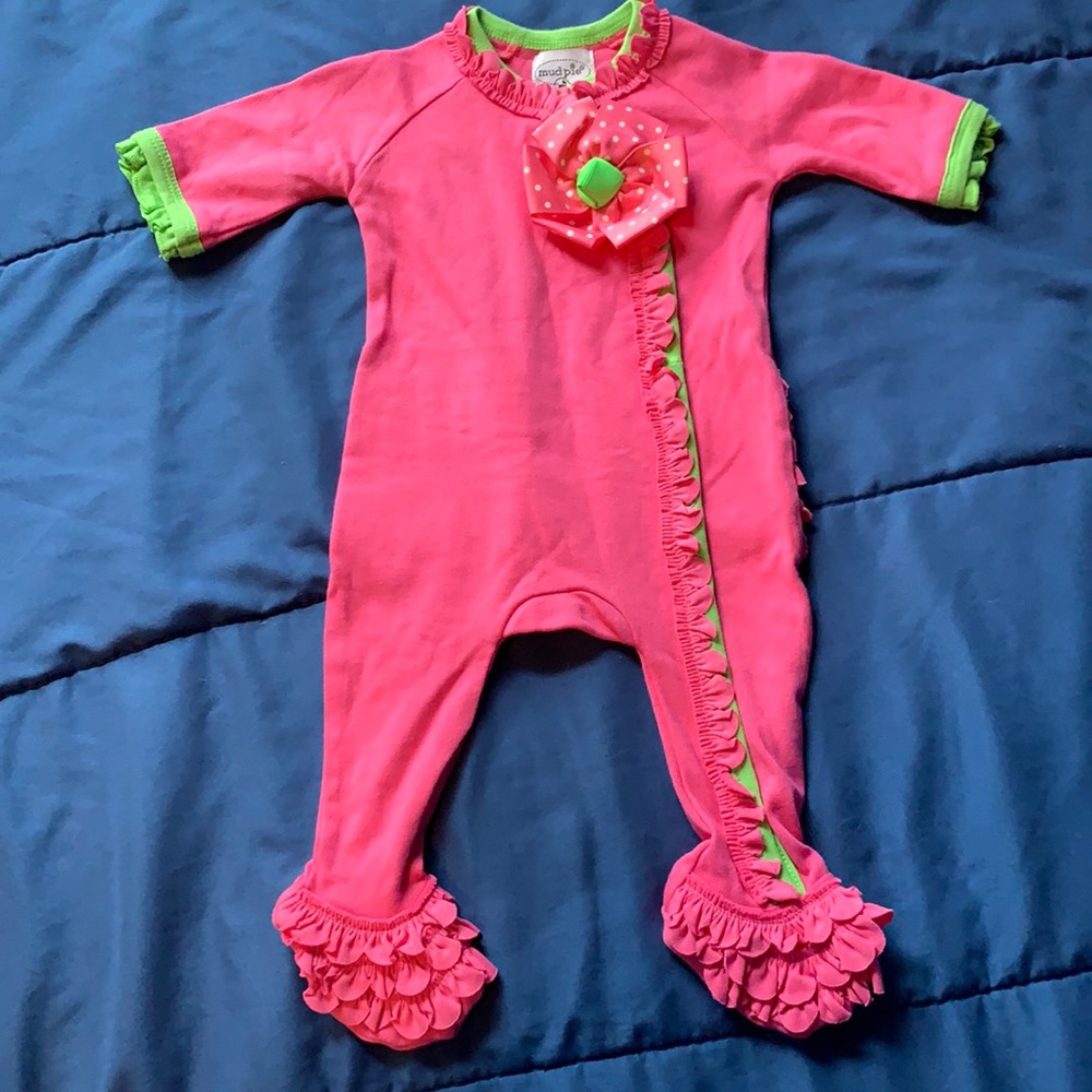 Mud Pie 0-6 months pink and green ruffled butt pjs